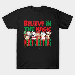 Cute Dogs Puppies - Believe in the Magic Merry Christmas - Dog Lovers Xmas T-Shirt